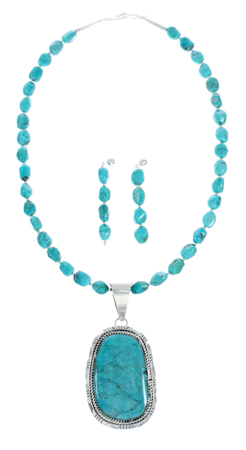 Sterling Silver Turquoise Native American Bead Necklace Pendant Set X10547